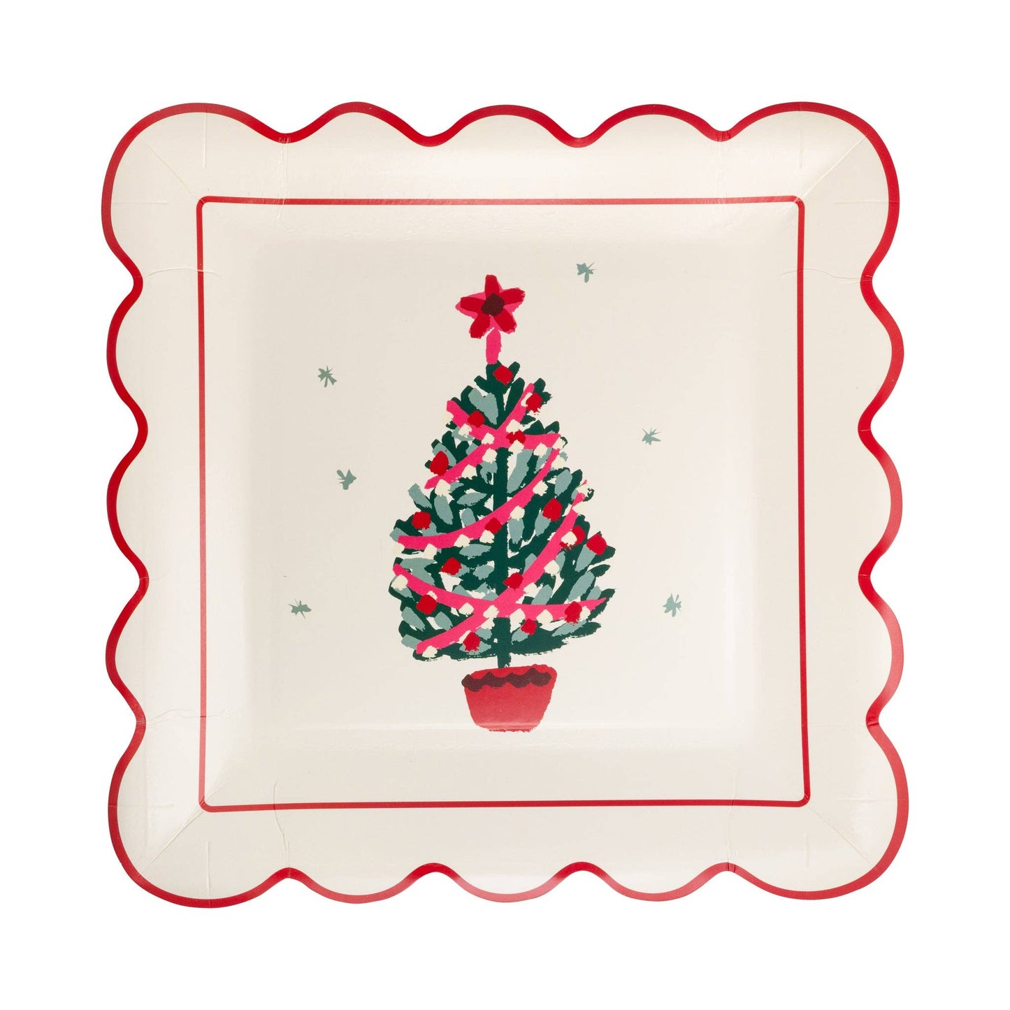 Square plate with scalloped edge and festive Christmas tree design, perfect for Toronto holiday parties.