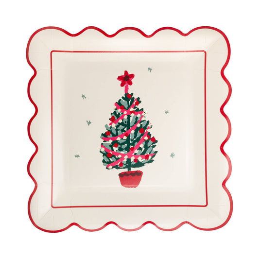 Square plate with scalloped edge and festive Christmas tree design, perfect for Toronto holiday parties.