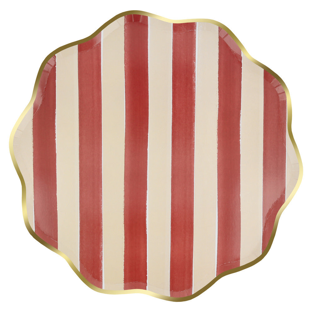 Berry striped dinner plate with gold scalloped edge.