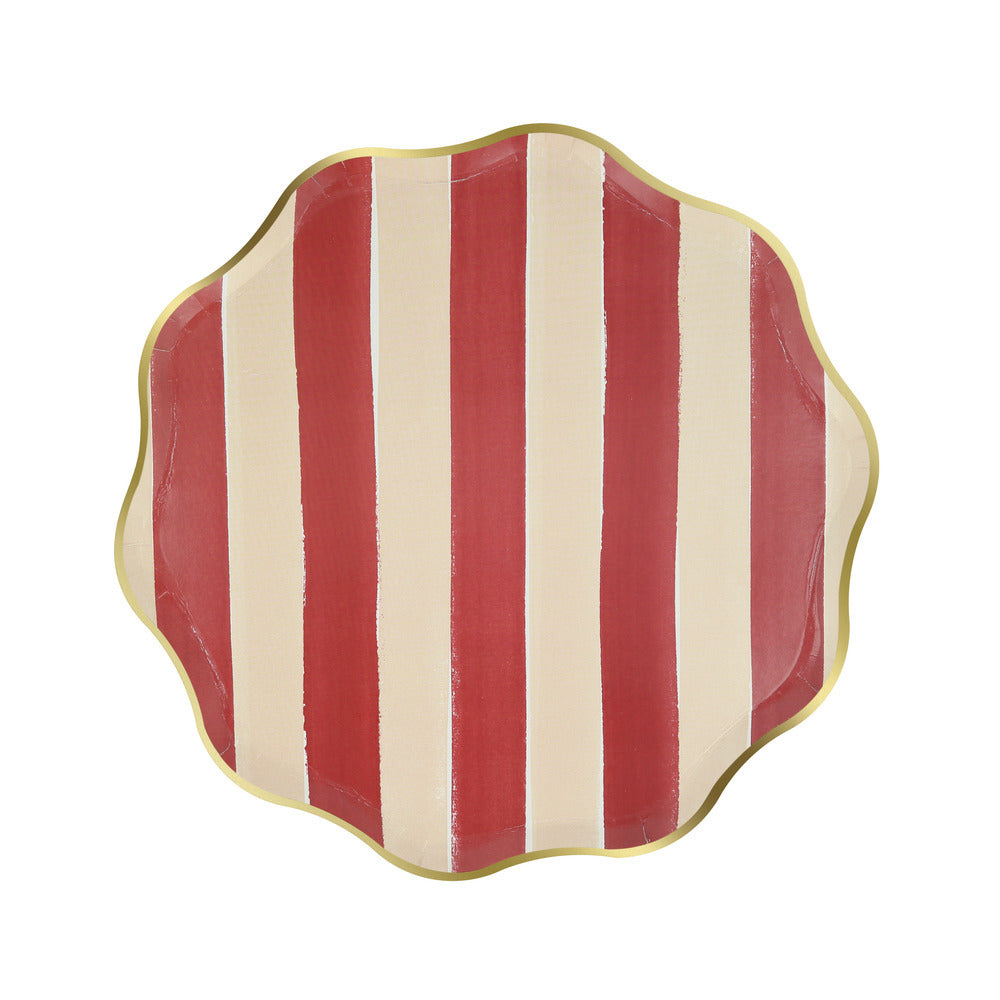 Meri Meri fall stripe berry red side plate with gold foil edge, sold in Toronto at confettimyparty.