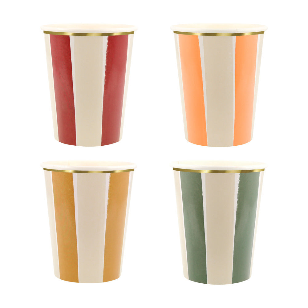 Fall striped paper cups in red, orange, yellow and sage green with cream stripes and gold foil trim