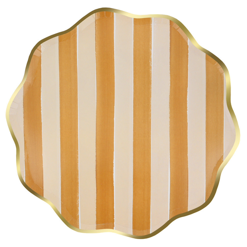Mustard yellow striped dinner plate with gold scalloped edge.