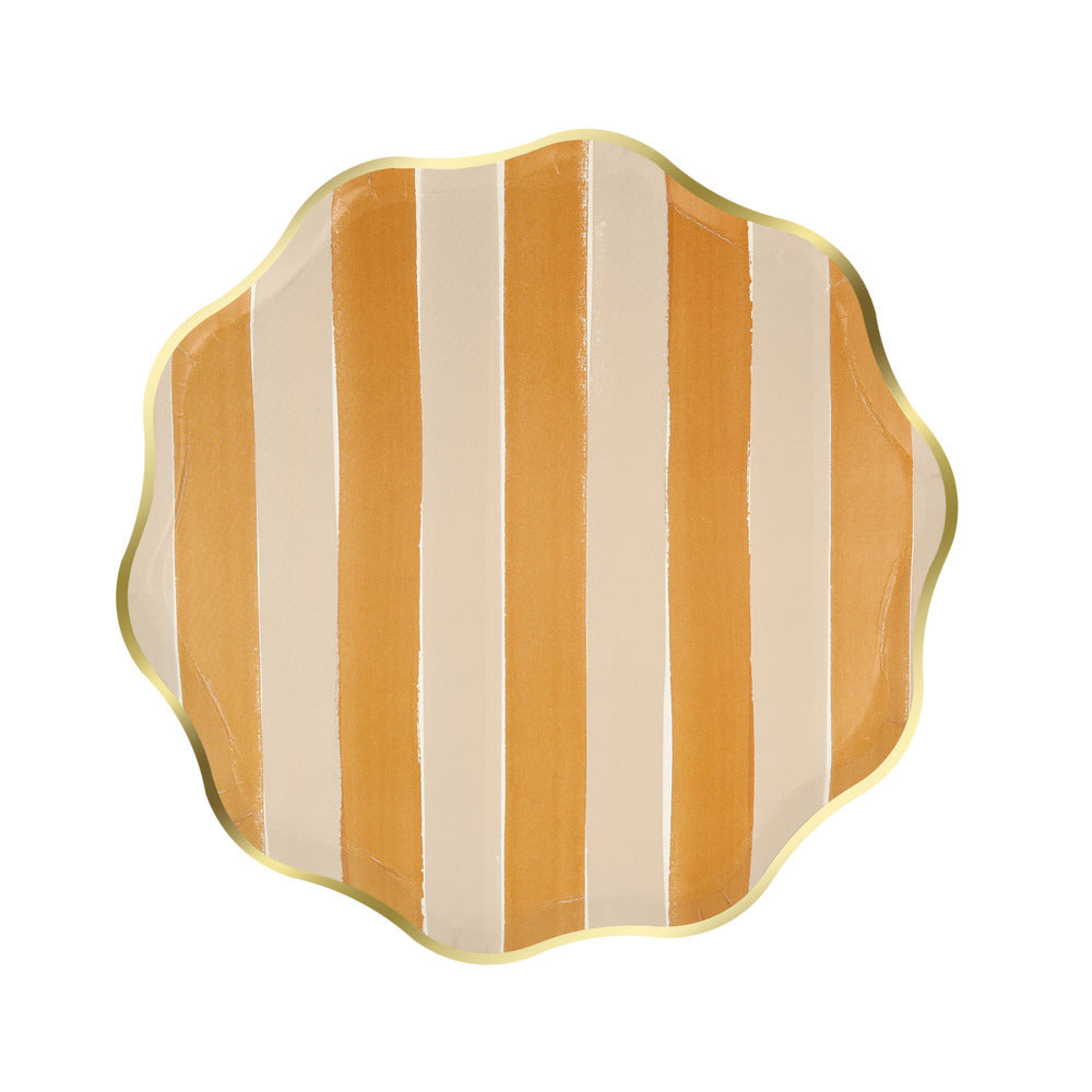 Meri Meri fall stripe mustard yellow side plate with gold foil edge, sold in Toronto at confettimyparty.