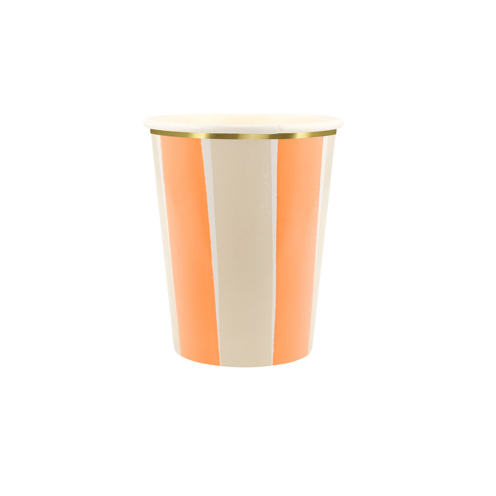 Orange and cream striped paper cup with gold foil trim for fall parties