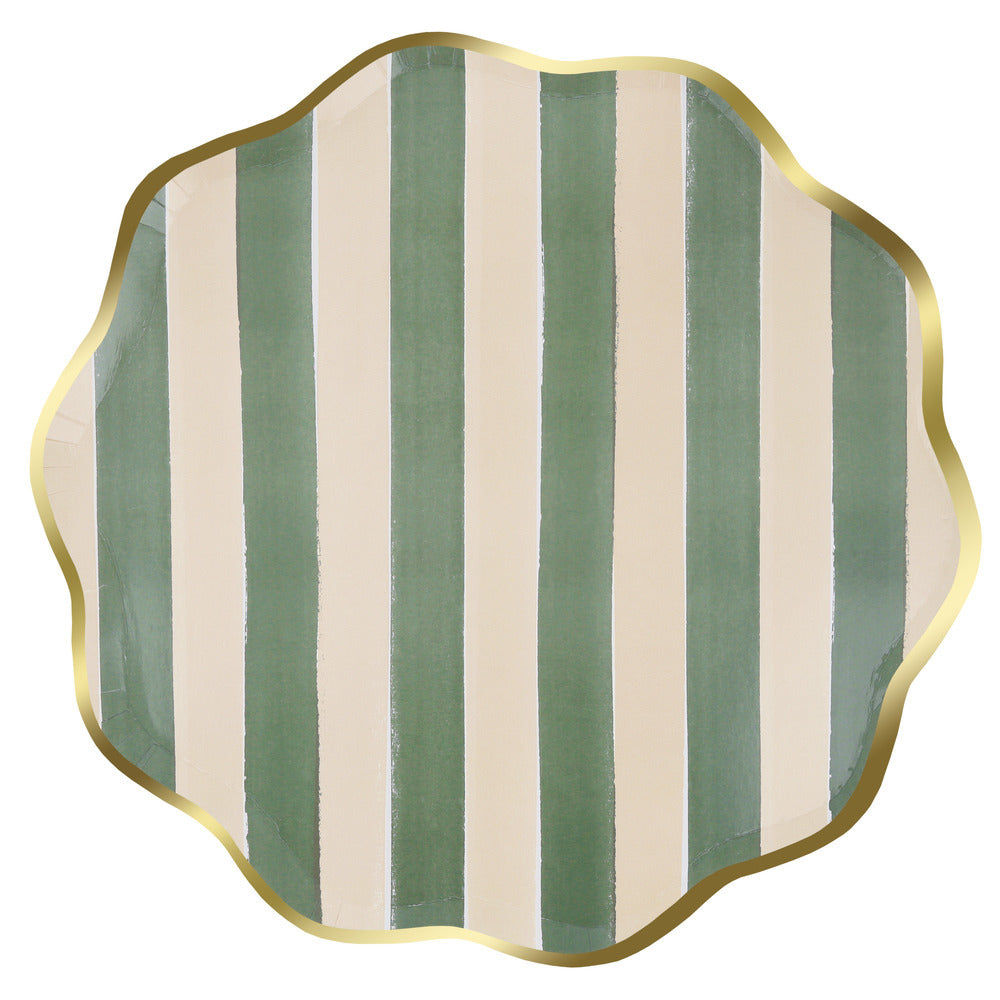 Sage green striped dinner plate with gold scalloped edge.