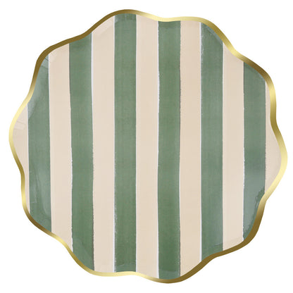 Sage green striped dinner plate with gold scalloped edge.