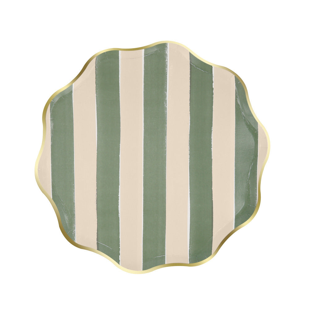 Meri Meri fall stripe sage side plate with gold foil edge, sold in Toronto at confettimyparty.