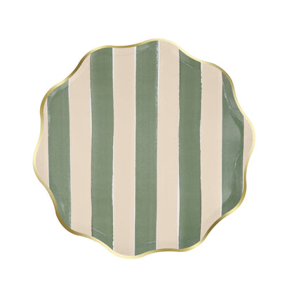 Meri Meri fall stripe sage side plate with gold foil edge, sold in Toronto at confettimyparty.