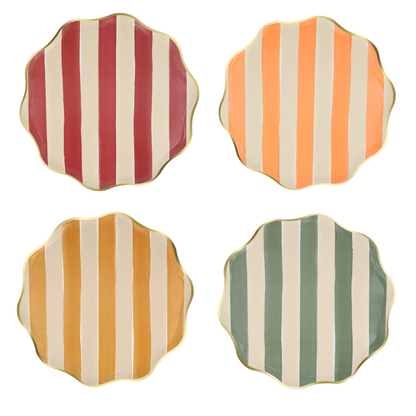 Set of four striped scalloped dinner plates in autumn colours, available at our Toronto party shop.