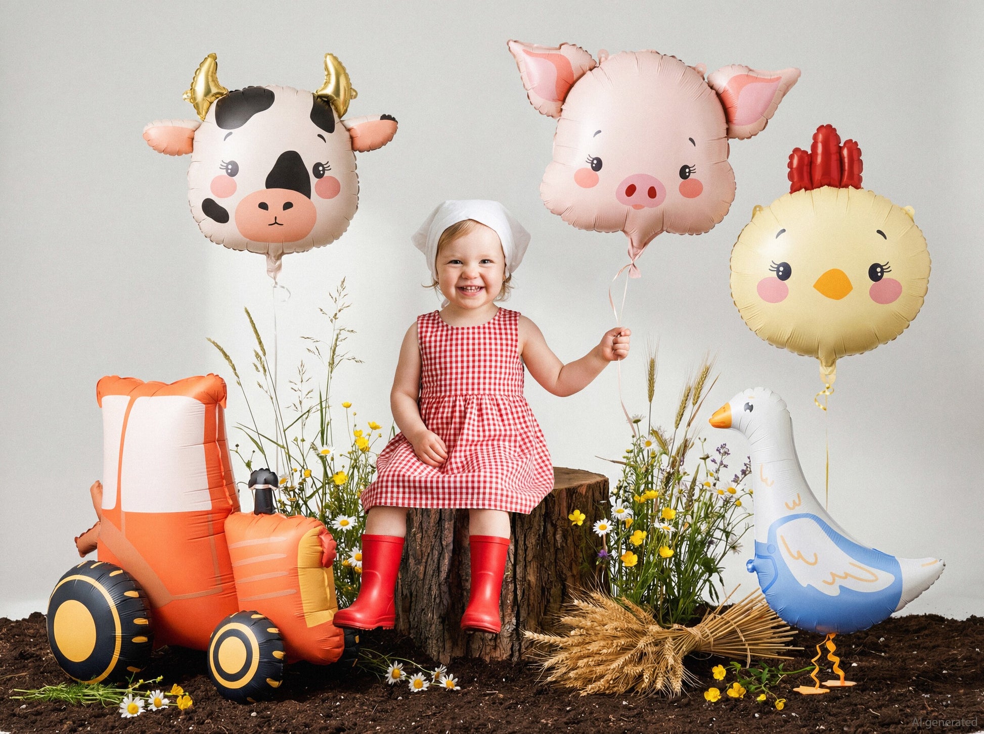 Farm-themed foil balloons including a cow, pig, chicken, goose and air-filled tractor - available at confettimyparty in Toronto.