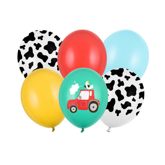 farm themed latex balloons with cow print and tractor illustration