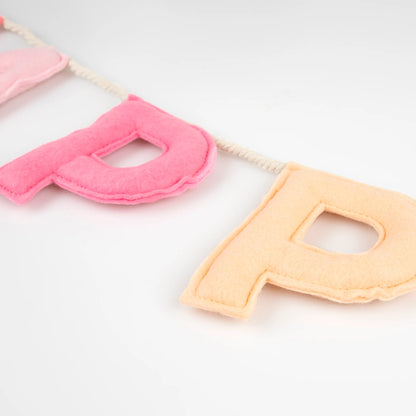 Detail of pink and yellow felt letters on Happy Birthday garland with stitched edges
