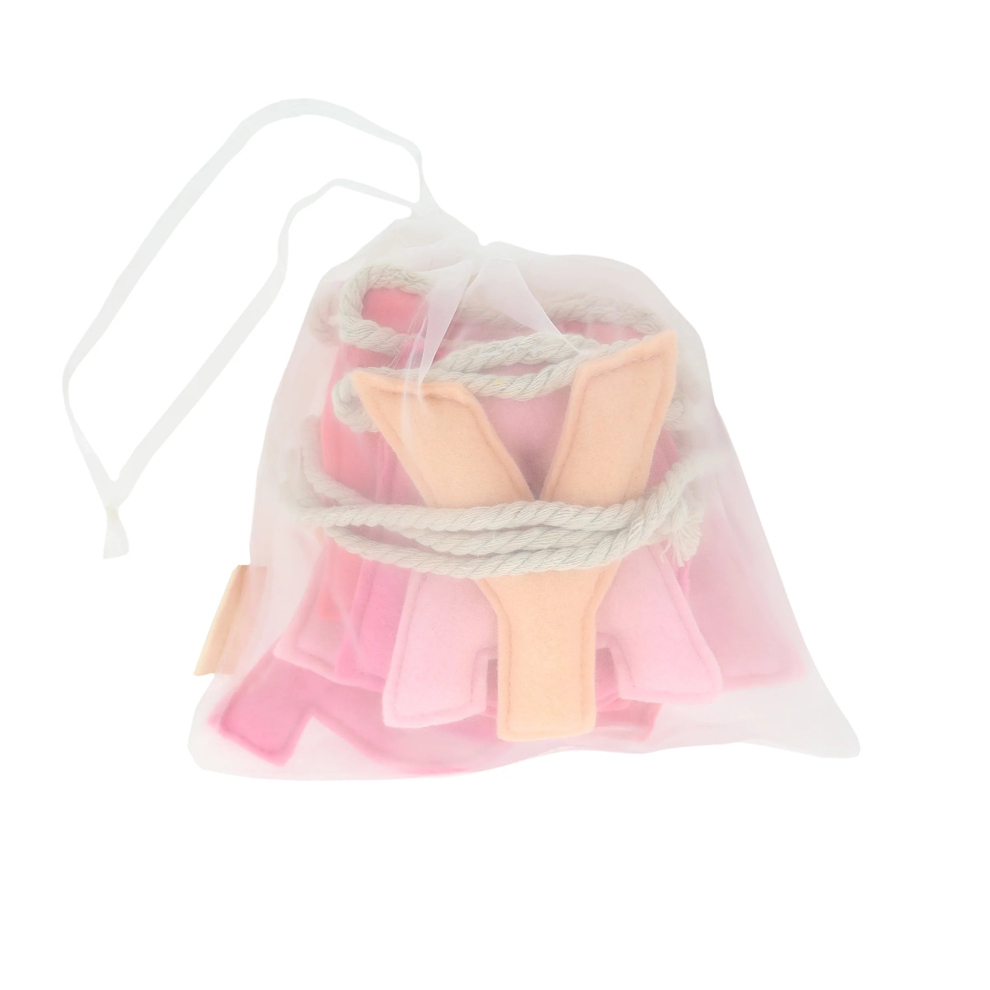 Pastel felt Happy Birthday banner folded and stored in a sheer drawstring pouch