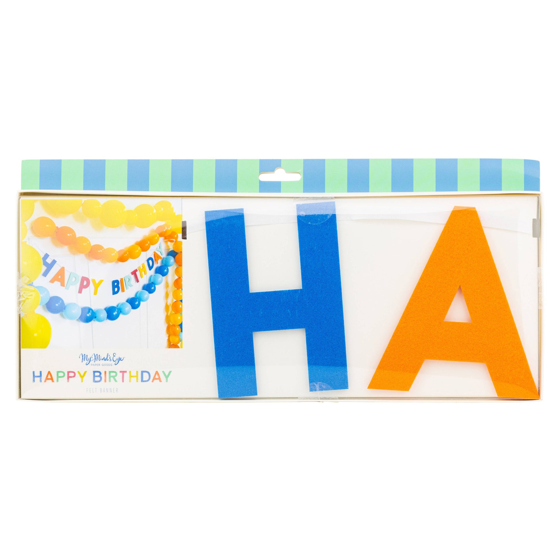 Happy birthday felt banner packaging with colourful letters, available in Toronto and shipping across Canada