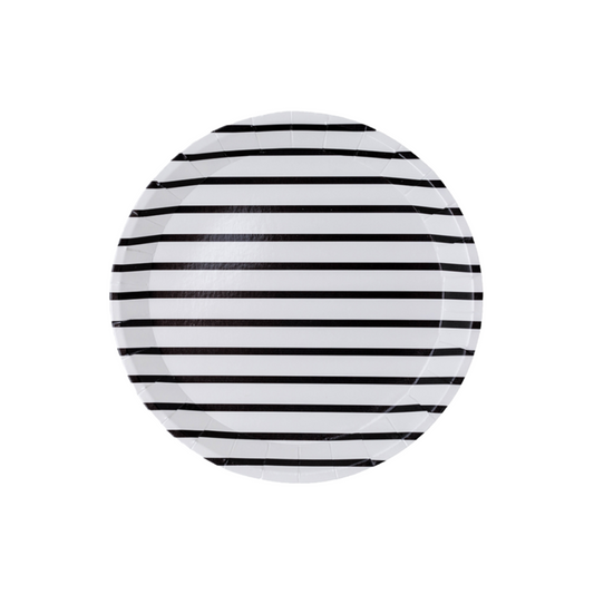 small white dessert plate with black stripes