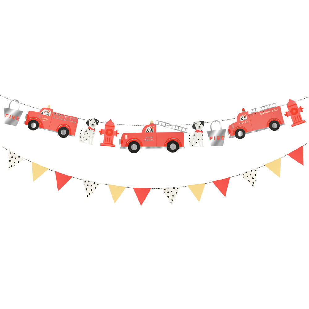 Fire Truck Garland by Meri Meri with red fire engines and dalmatians available at our Toronto party shop
