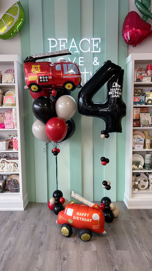 Fire Truck Mini Kid Pop featuring a red fire truck foil balloon, black number balloon, and red, black, and neutral balloons, available in Toronto