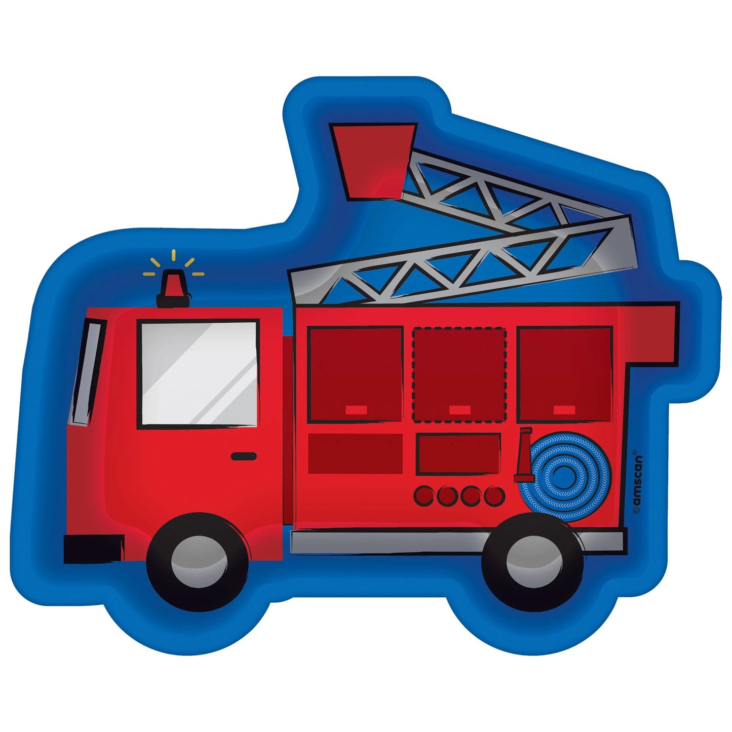blue paper plate in the shape of a fire truck with fire truck illustration