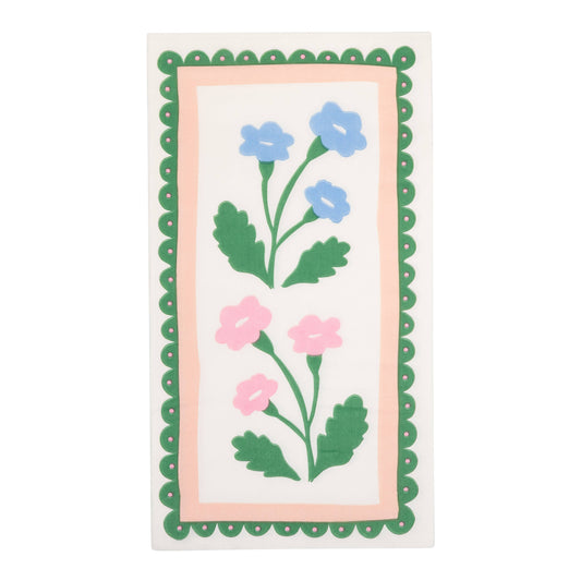 Floral border dinner napkins with pastel flowers and scalloped green and pink edging, sold in Toronto at Confetti My Party