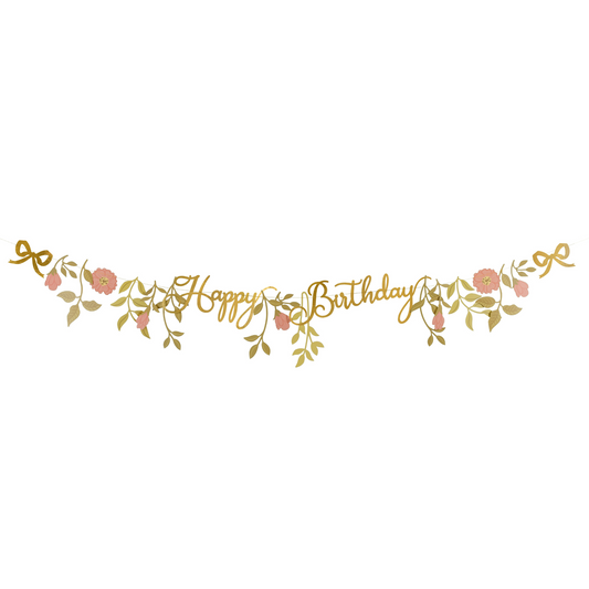 Gold floral Happy Birthday banner with pink and peach flowers on a white background, perfect for feminine birthday party themes.
