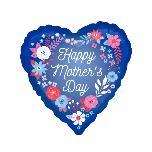 navy floral happy mothers day foil balloon in a heart shape
