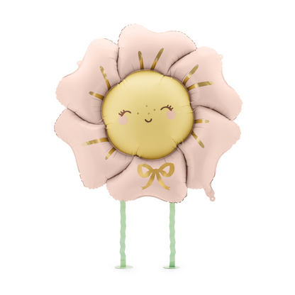 Pastel pink flower foil balloon with smiling face and gold bow, available in Toronto and ships across Canada.