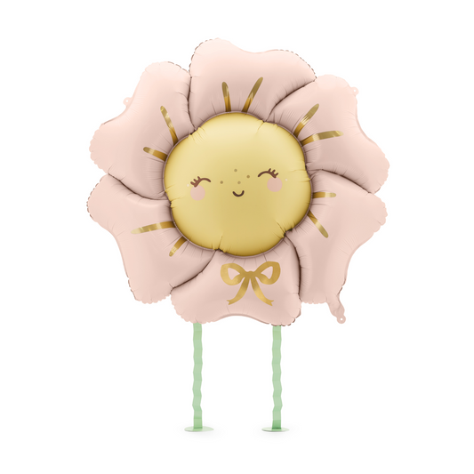 Pastel pink flower foil balloon with smiling face and gold bow, available in Toronto and ships across Canada.