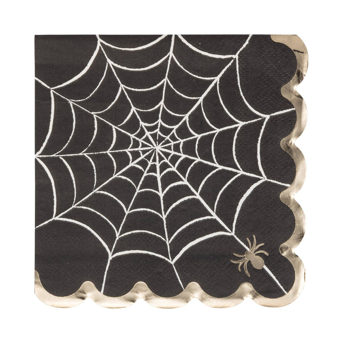 Black Halloween cocktail napkins with white spider web design, gold foil spider and scalloped gold edge.