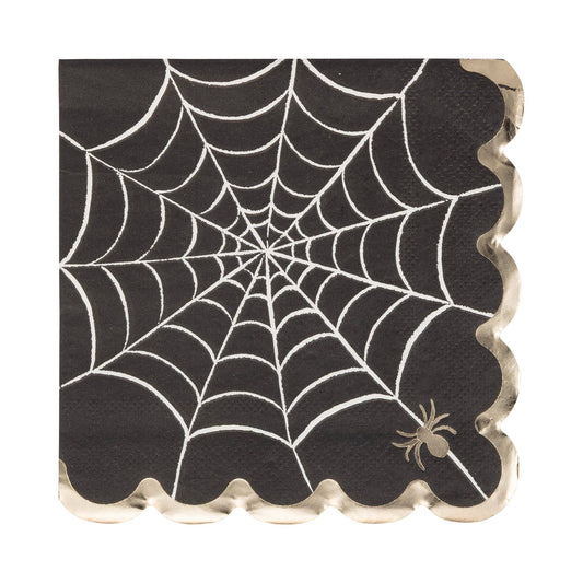 Black Halloween cocktail napkins with white spider web design, gold foil spider and scalloped gold edge.