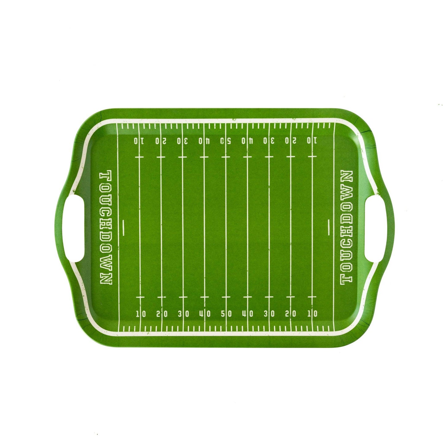 Green bamboo reusable tray designed like a football field, ideal for game day serving in Toronto.