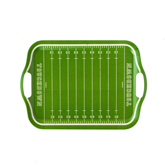 Green bamboo reusable tray designed like a football field, ideal for game day serving in Toronto.