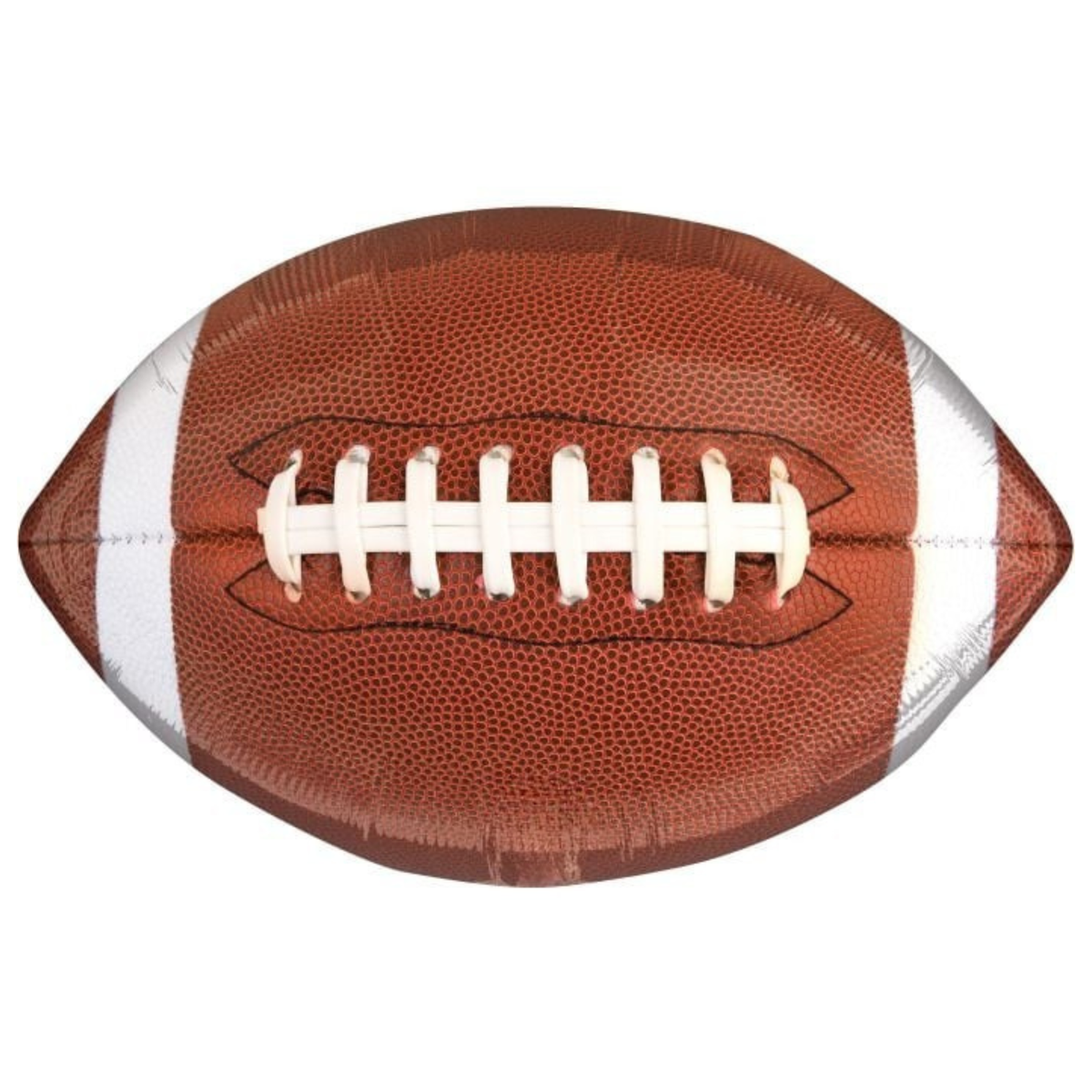 Brown American football-shaped foil balloon with white stripes and laces, perfect for football-themed birthdays, rookie year parties and game day celebrations. Pick up in Toronto and Canada-wide shipping available.