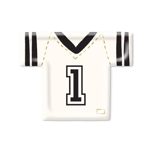 Cream and black football jersey-shaped paper plate with gold foil accents