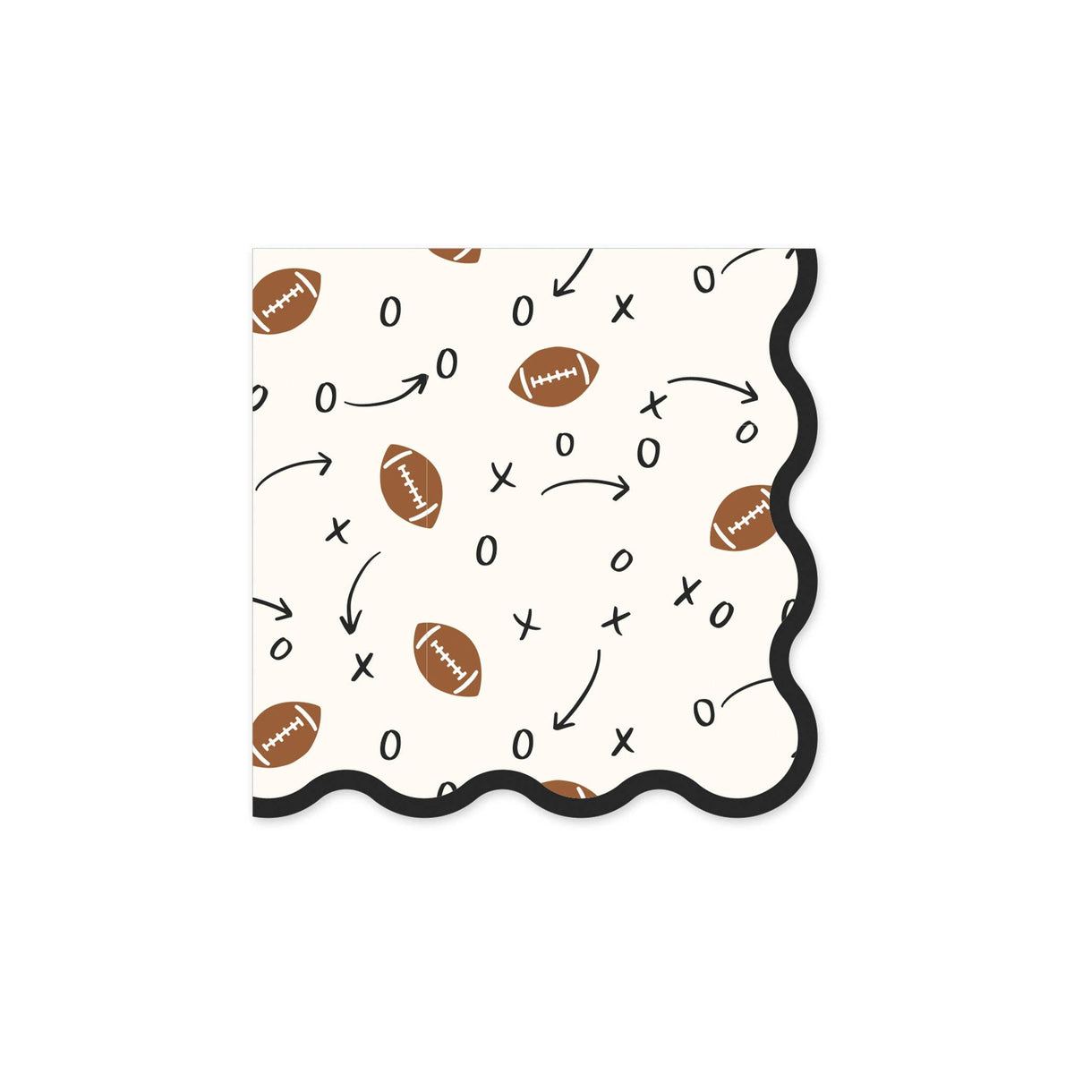 Cream football cocktail napkins with brown footballs, black X's, O's, playbook arrows and wavy black edges.