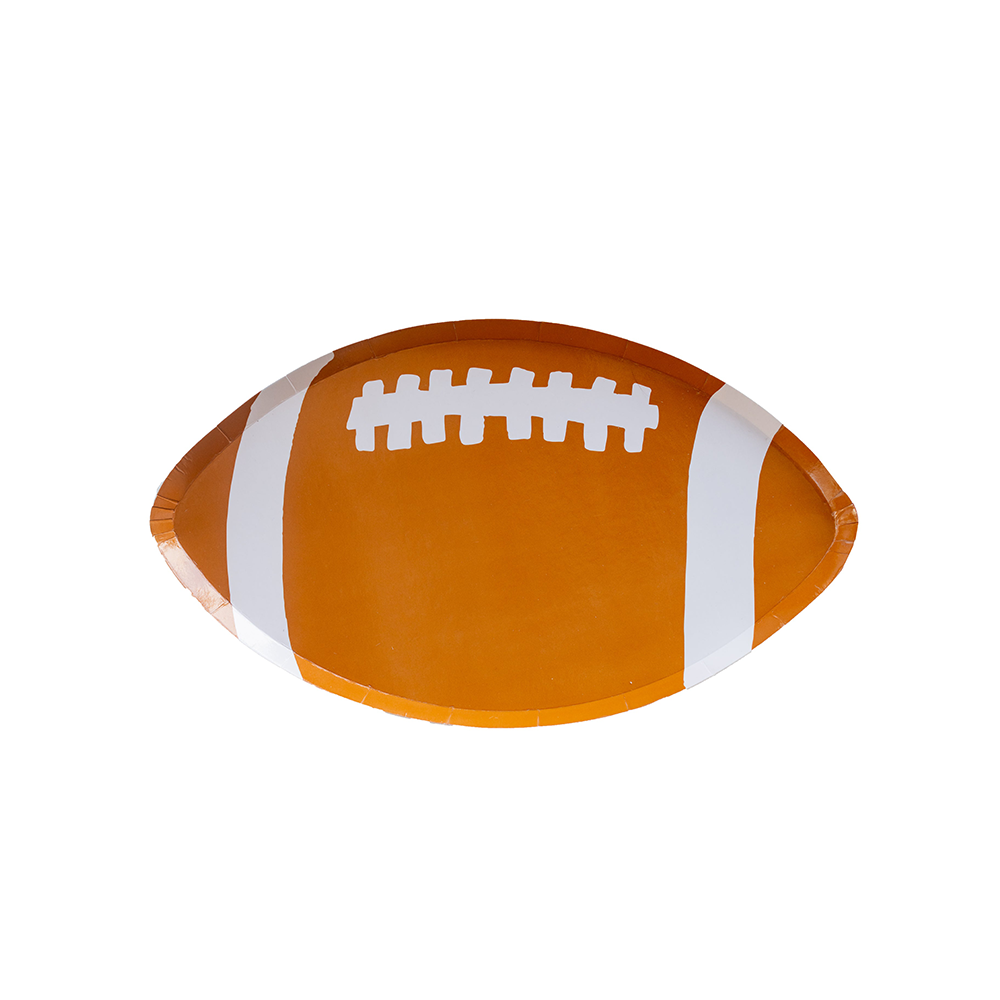 Football-shaped paper plate on a white background