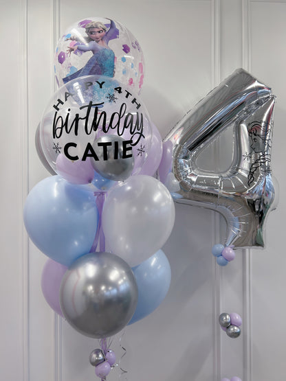 Frozen Elsa birthday balloon bundle featuring a personalized clear bubble + Elsa character balloon + silver number 4 in Toronto.