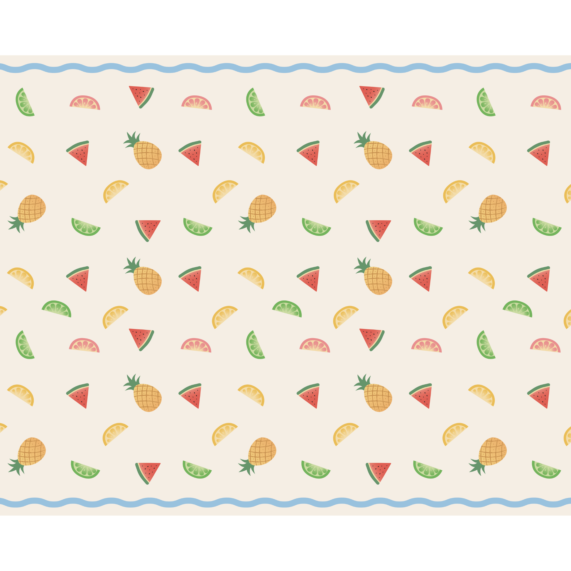 Summer fruit print tablecover with watermelon, citrus and pineapple details available at our Toronto party shop