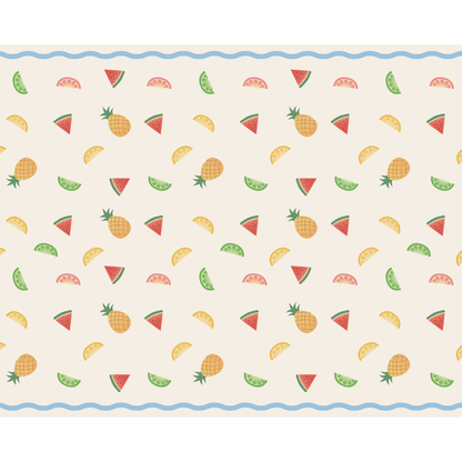 Summer fruit print tablecover with watermelon, citrus and pineapple details available at our Toronto party shop