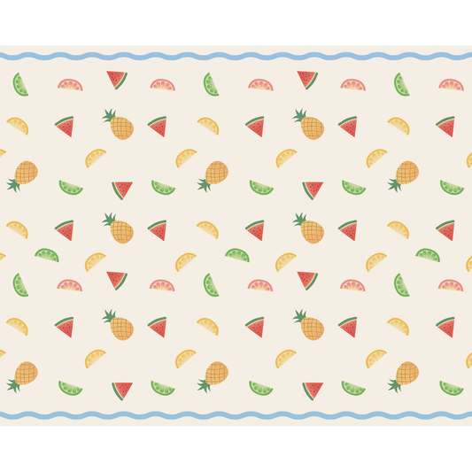 Summer fruit print tablecover with watermelon, citrus and pineapple details available at our Toronto party shop