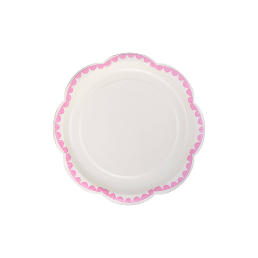 White scalloped paper plate with fuchsia pink border, perfect for desserts at Toronto parties and celebrations.
