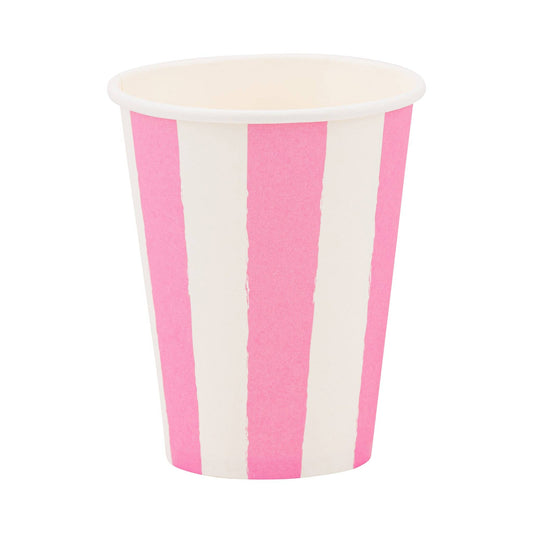 Fuchsia and white striped paper cup, perfect for vibrant parties and celebrations. Sold at Confetti My Party and ships Canada wide.
