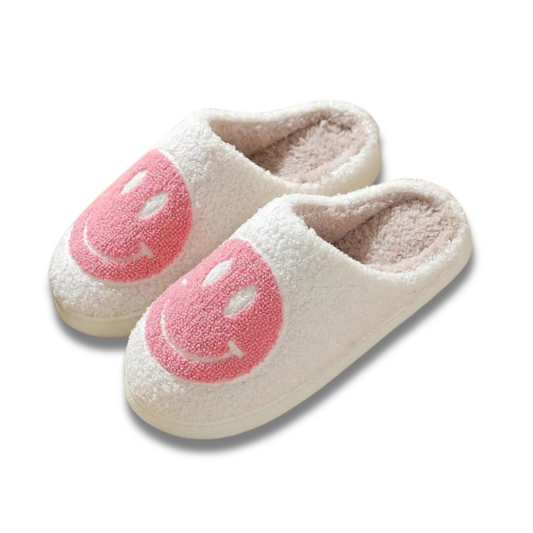 FUZZY HAPPY FACE SLIPPERS - PINK + WHITE