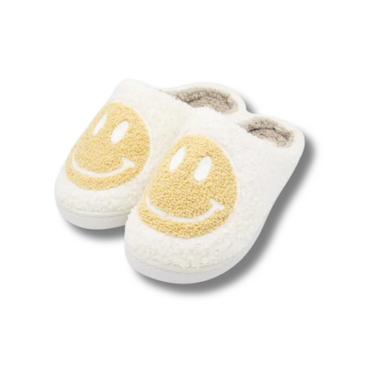 FUZZY HAPPY FACE SLIPPERS - BEIGE + WHITE