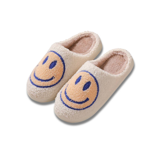 fuzzy smiley face slippers blue and oranfe