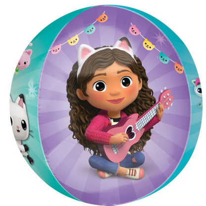 Gabby’s Dollhouse Orbz foil balloon featuring Gabby playing guitar with a purple background, Toronto party shop.
