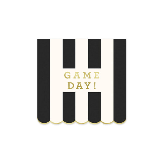 Black and cream striped Game Day football cocktail napkins with scalloped edges and gold foil lettering