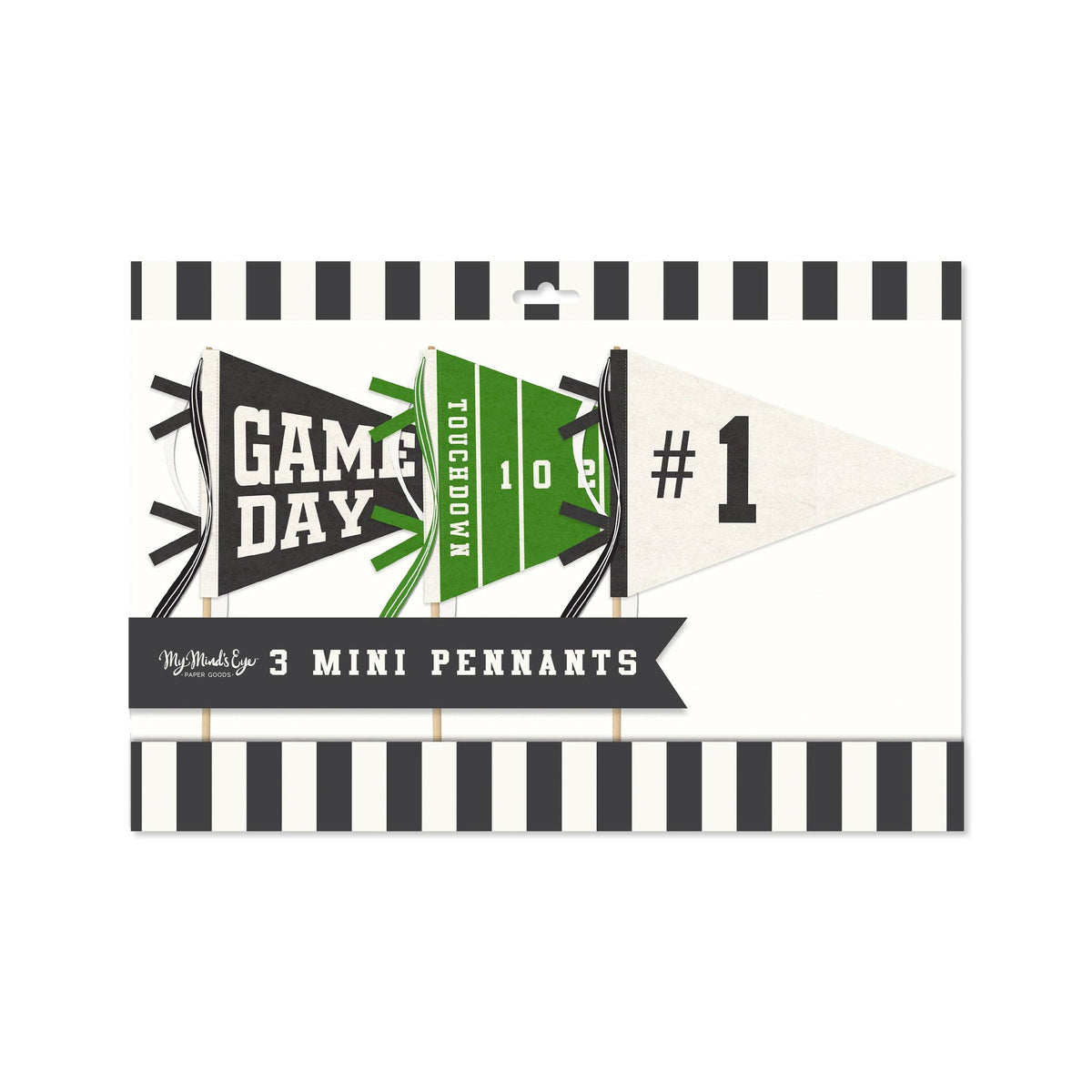 Set of three Game Day football mini felt pennants in green, black and cream