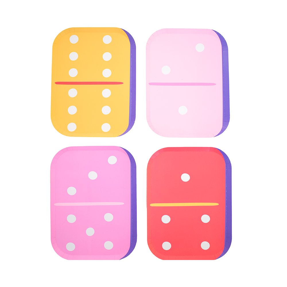 Dominoes Paper Plates set with pink, red, yellow, and lavender domino designs, perfect for Toronto game night parties.