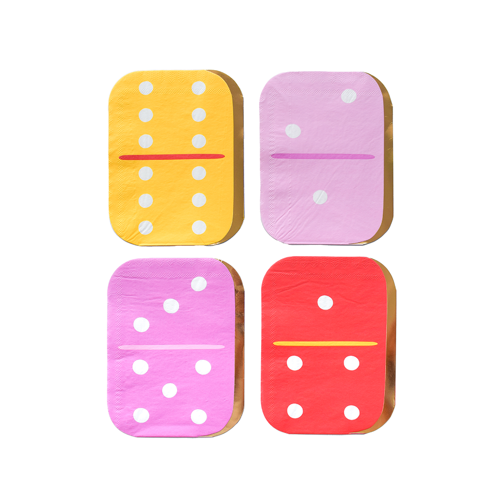 Colourful domino napkins in pink, red, yellow, and lilac with gold foil edge, available in Toronto and shipping across Canada.