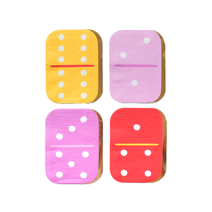 Colourful domino napkins in pink, red, yellow, and lilac with gold foil edge, available in Toronto and shipping across Canada.